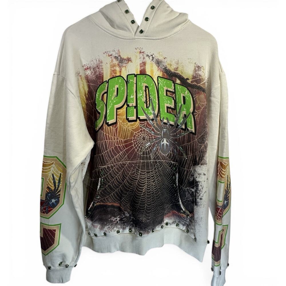 Stray Spider Hoodie Studded Slime Green Rhinestones Cream Pullover Size Medium